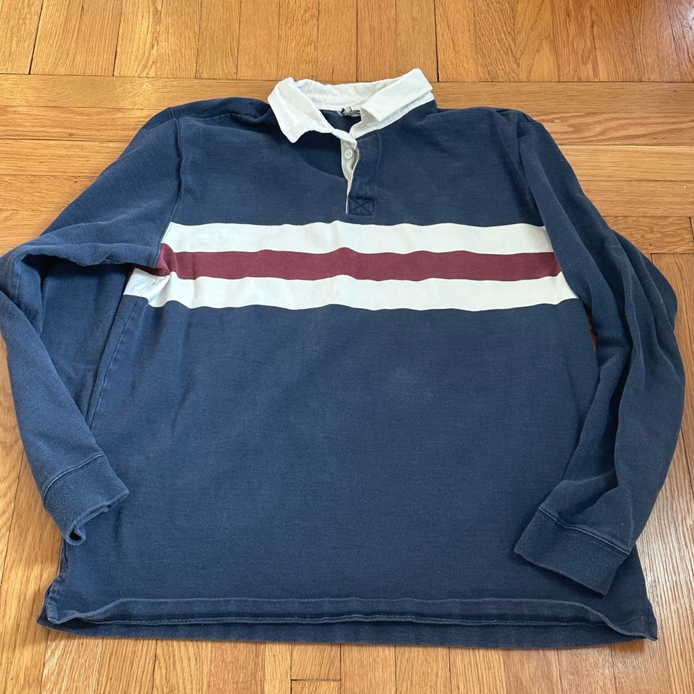 LL Bean Men's Navy Long-Sleeve Rugby Shirt Burgundy Stripe Vintage 90’s Preppy